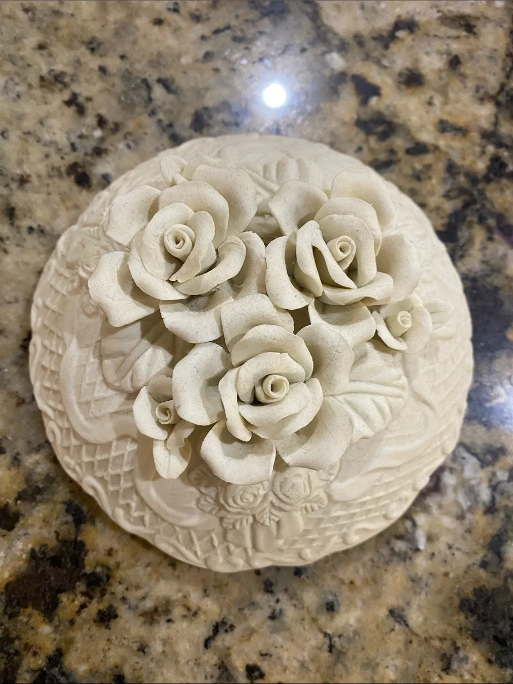 White Porcelain Bisque Trinket Box Container Jar Flowers Floral Round Vintage
